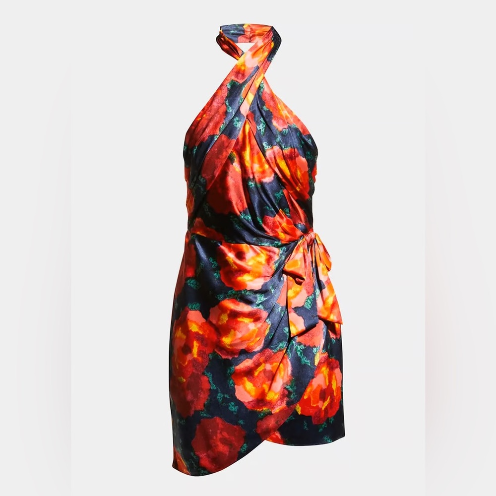 Trini Satin Floral Halter Neck Mini Wrap Dress